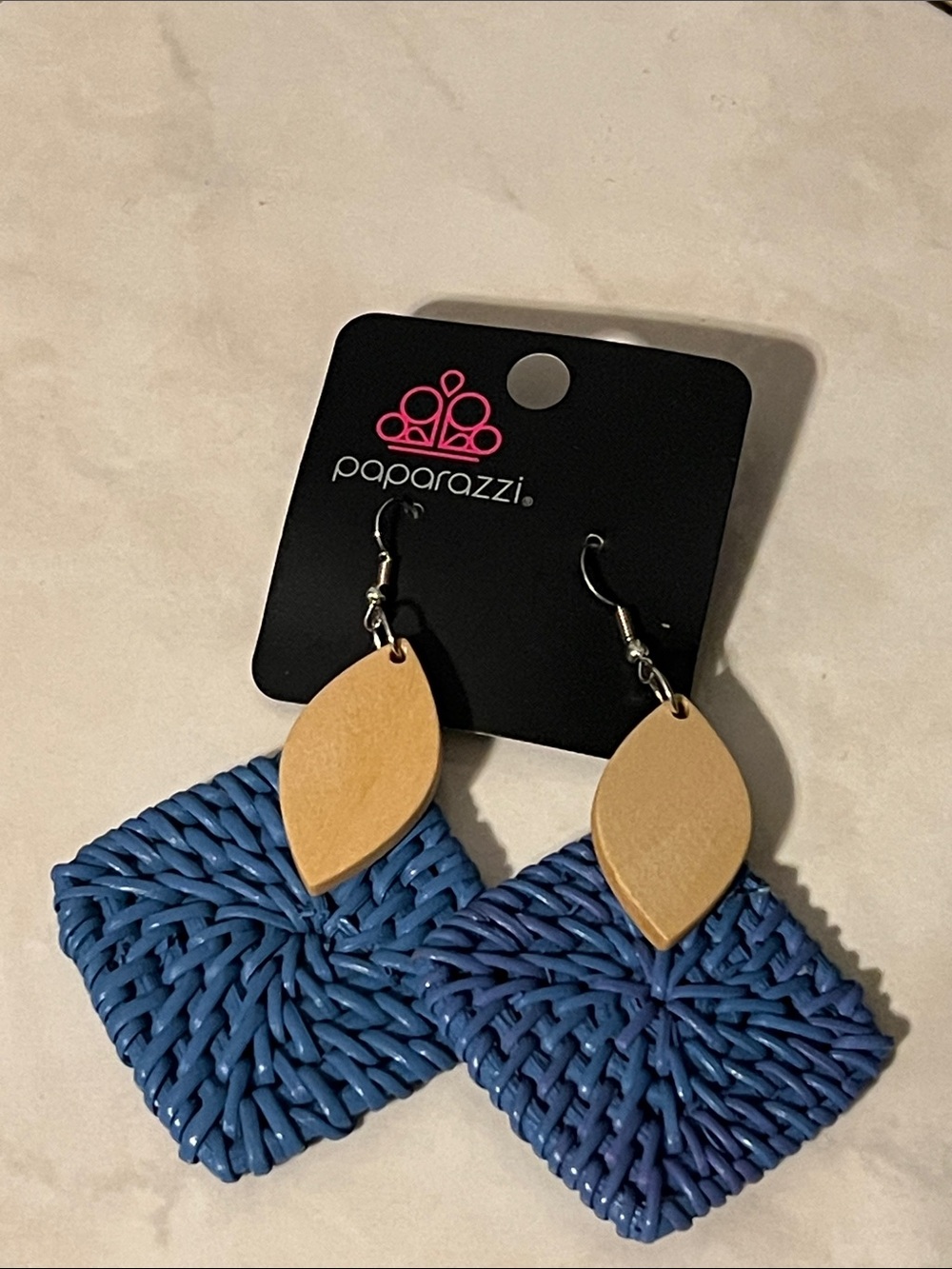 Paparazzi Blue Woven Diamond Drop Earrings with Natural Wood Accents